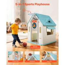 Outdoor Playhouse, 5-In-1 Cottage Play House With Pretend Play, Basketball, Darts, Soccer, Ring Toss, Window & Convenient Door, Toddler Slide Set For Aged 2+, Smooth Edges, Polypropylene Plastic - 1-2m³ Closed Type - View 2