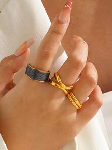 3pcs/Set Stainless Steel 18K Gold Plated Geometric Black Drip Oil Line Ring Set, Suitable For Women Everyday Wear