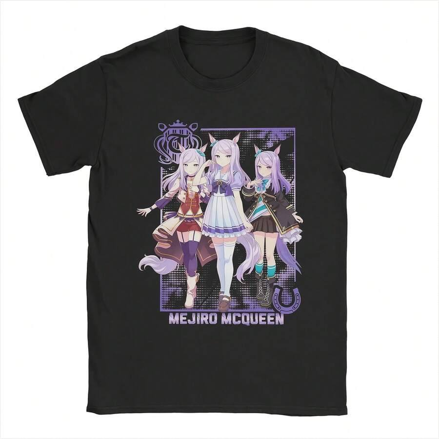 Mejiro McQueen Uma Musume Anime T-Shirts For Men Vintage Pure Cotton Tees O Neck Short Sleeve T Shirts Graphic Tops - 黑色 - 查看 1