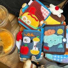 かわいいキャンバス財布 ショートジッパー コンパクト二つ折り デニム・灯芯絨素材 刺繍入りハイビジュアル カードケース兼ハンドポーチ - BB - チェックする 3