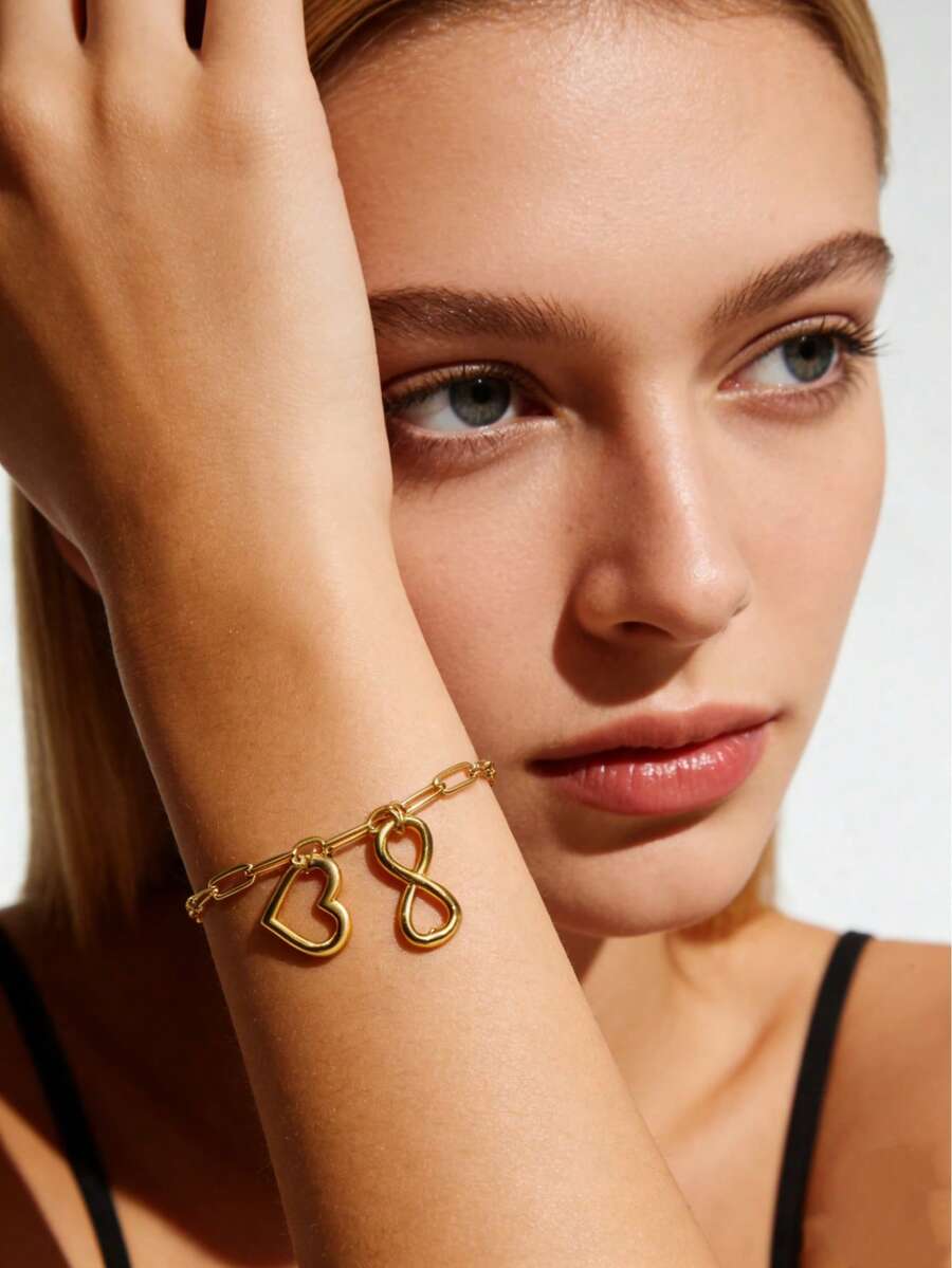 MECYLIFE 1pc Valentine's Day Gift Stainless Steel Paper Clip Chain Bracelet Eternal Heart Charm Bracelet For Women Daily Jewelry