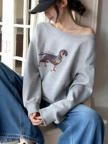 Women's Off-Shoulder Animal Print Casual Versatile Long Sleeve Sweatshirt - Grey - View 5