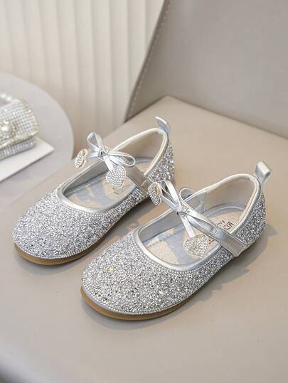 One Pair Girls Glitter Mary Jane Flats With Bow And Heart Charm, Round Toe Dress Shoes For Kids Party Wedding Daily Wear