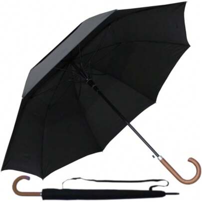 60MPH Large Windproof And Extra Strong Umbrella - StormDefender - Best For Vented Double Canopy - Frame With Fibreglass - Auto Open - Solid Wood Hook Handle - Big Golf Black
