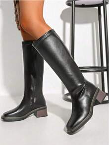 New Autumn/Winter Brown Over-The-Knee Chunky Heel Slim Boots, Classic Black Mid-Calf Riding Boots, Fashion Tall Boots For Women,Party - 黑色 - 查看 2