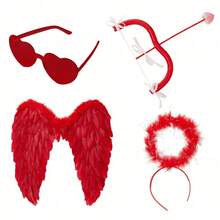 1/4pcs Cupid Costume Props For Valentine's Day, Including Red Feather Wings, Heart-Shaped Sunglasses, Bow And Arrow, Halo Headpiece, Suitable For Holiday Events, Theme Parties, Masquerade Photo Props - Red - View 15