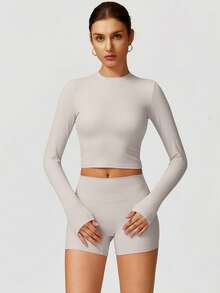 NcmRyu 1套女士纯色圆领露脐长袖短裤运动套装 - 淺灰色 - 查看 10