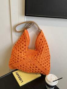 Dedoo 大容量度假风镂空草编手提包，波西米亚风编织单肩包，休闲复古浪漫三色斜纹几何图案，视觉层次丰富，明亮柔和，适合旅行、海滩、夏季郊游、购物、送礼 - 橘色 - 查看 9