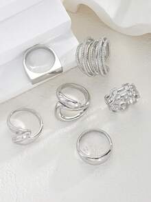 6件套极简复古硬币风格金属不对称几何叠戴戒指，适合日常佩戴、派对、生日、情人节送给女友的礼物（无包装盒） - 銀色 - 查看 7