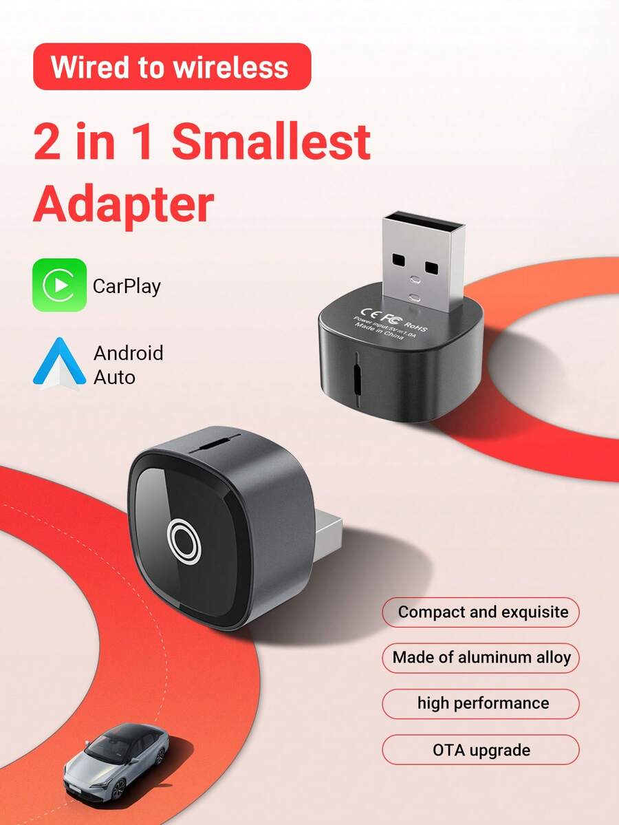 XUDA 2-In-1 Wireless CarPlay/Android Auto Adapter - 2.4-5.0 GHz WiFi 5 Carplay Converter, Wired To Wireless, Fast Auto-Connect, No Latency, Compact Design, Compatible With IPhone & Android, With USB/USB-C Port, No Battery