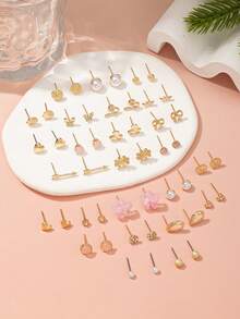 Set de 30 pares de pendientes de botón con diseños surtidos de flores, lágrimas, corazones, lazos y copos de nieve con perlas falsas de metal, un regalo de joyería encantador para mujeres, adecuado para uso diario y días festivos - Multicolor - Ver 3