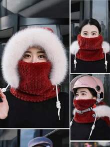 1Pc Women's Plush 3-In-1 Winter Mask Hat & Scarf, Cycling Scarf Mask Integrated Hooded Hat, Fleece-Lined Thickened Windproof And Cold-Resistant & Ear Protection, One-Piece Face Cover Neck Warmer Hooded Cap, Lightweight Warm Headwear With Drawstring Closure For Weddings And Outdoor Activities,Skiing, Cycling, Sports, Winter Headgear | Integrated Hooded Design(The Letters On The Hat Label Are Random) - Multicolor - View 9