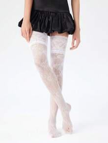 女士蕾丝性感长筒袜，及膝蕾丝花边透明黑白连裤袜，优雅丝袜 - 蕾絲襪01 - 查看 5