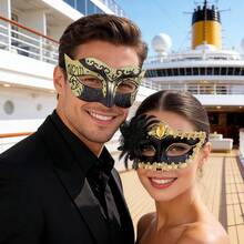 Couple's Rhinestone Masquerade Mask, Venetian Party High-End Shiny Mask For Halloween, Christmas, Costume Party, Half Face Mask, Opera Carnival Party, Fashionable Romantic Green Glitter Party Mask - Gold - View 5