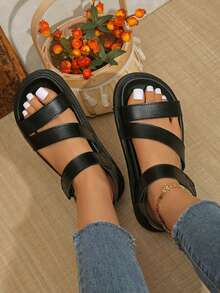 Women's Hook And Loop Roman Sandals, Thick Sole Non-Slip Casual Strap Black Athletic Sandals - Black - View 5