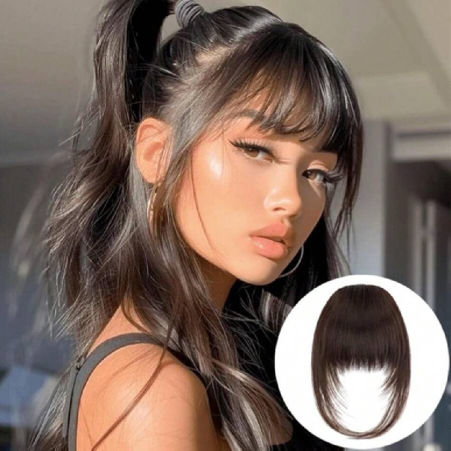 Clip In Bangs Brown Black, Long Wispy Bangs Hair Clip With Temples Fringe Curtain Bangs Hair Clip Hair Piece Fake French Bangs Clip-In Hair Extensions For Women (#4A-Brown Black),38546579 - 灰色 - 查看 1