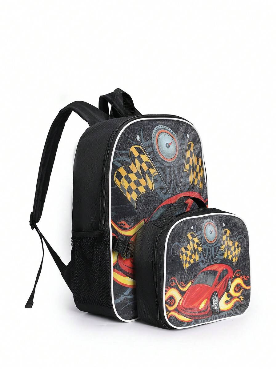 Kids' Fashion Backpack & Lunch Bag Set, Race Car Design, Classic Art Illustration, Adjustable Padded Shoulder Straps, Zipper Closure, Reusable Lunch Box, Suitable For Boys - Racing Car Square Dinner Bag Two-piece Set - View 1