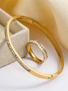 1 Set Fashionable Luxurious Diamond Women's Bracelet Set, Includes 1 Rust-Resistant Golden Color Diamond Bracelet And 1 Stainless Steel Ring, Suitable For Women's Daily Wear, Parties, Birthdays, Weddings, Music Festivals, Dates, Anniversaries, And As A Gift For Women - Gold - View 3