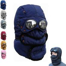 Genérico Gorro Térmico de Invierno con Gafas y Mascarilla, Gorro de Piloto 4 en 1 Resistente al Viento, Sombrero Trapper Cálido para Esquí, Snowboard, Ciclismo y Deportes al Aire Libre - Azul marino - Ver 3