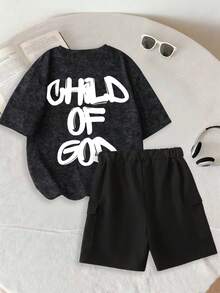 2pcs/Set Cool Letter Print Round Neck Short Sleeve T-Shirt And Cargo Shorts Outfit For Teenage Boys, Suitable For Spring/Summer - Multicolor - View 1