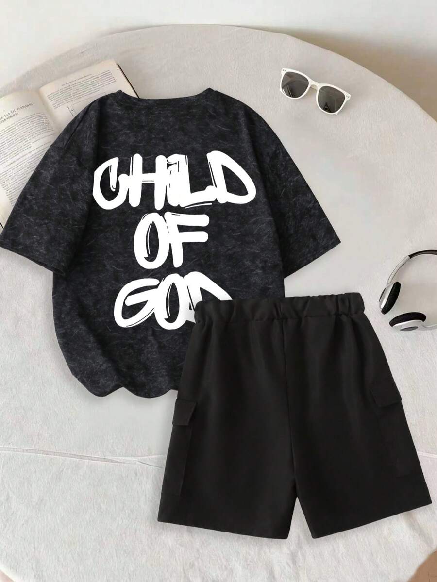 2pcs/Set Cool Letter Print Round Neck Short Sleeve T-Shirt And Cargo Shorts Outfit For Teenage Boys, Suitable For Spring/Summer - Multicolor - View 1