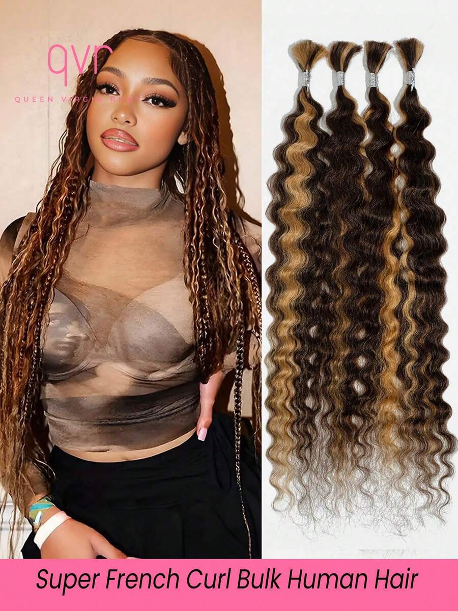 QVR QUEEN VIRGIN REMY QVR 4件装超法式卷发散装真人发接发 P4/27 高光深波浪散装编发，适用于波西米亚风无结辫子，打造女神波西米亚发型，柔软的巴西真发，棕色混合金色高光钢琴色，95克/包，14-24英寸