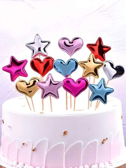 100个闪亮爱心纸杯蛋糕装饰插牌，色彩缤纷的蛋糕装饰，爱心和星星蛋糕装饰，可爱百搭，适用于生日、婴儿派对、新年、情人节、聚会、婚礼等场合的DIY甜点装饰