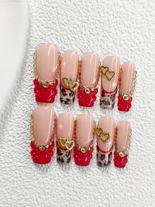10pcs Minimalist Valentine's Day Nail Stickers, Acrylic Nail Art Set, Champagne Color Rhinestones, Heart Decor, Leopard Print Design, White Star Nail Stickers, Includes Nail File (1pc Jelly Sticker + 1pc Nail File), 3 Sizes: Almond, Duck Mouth, Coffin, Suitable For Commute, Valentine's Day, New Year, Party, Winter Holiday & Daily Wear Nails Nail Supplies Handmade Press On Nails - 彩色 - 查看 11