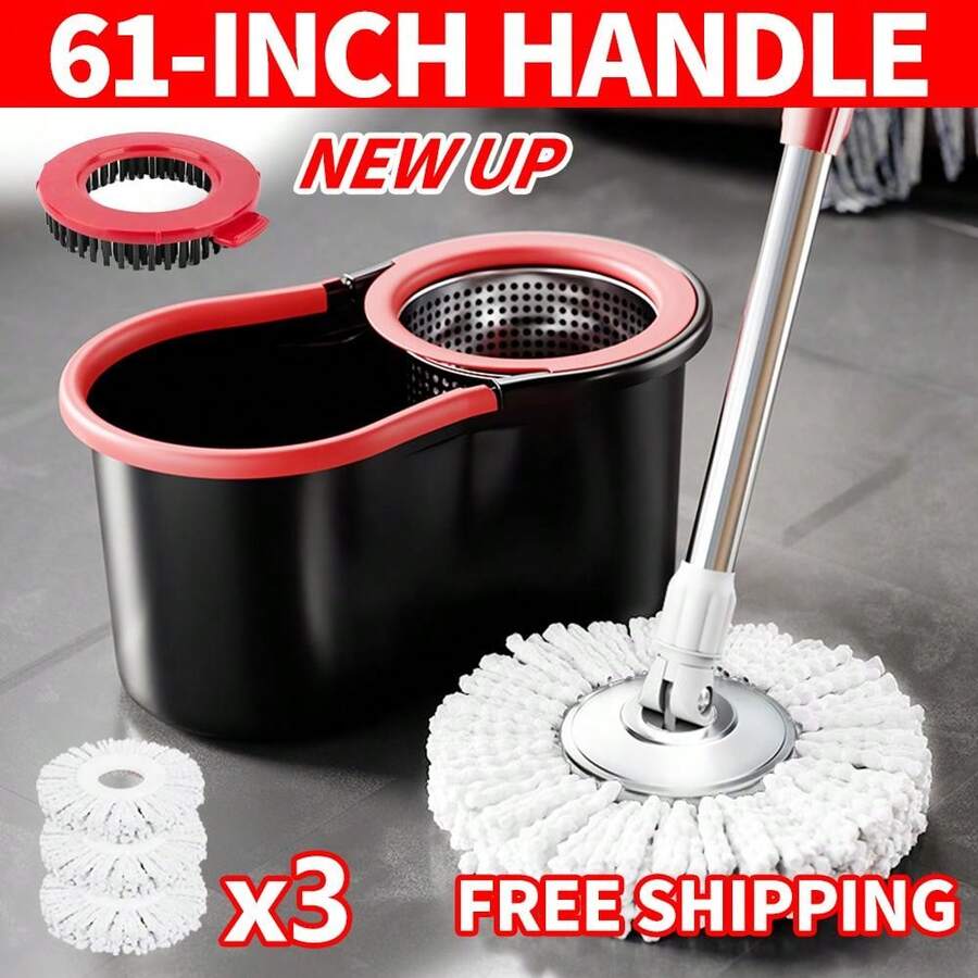 Mop Bucket Set With 360° Spin Mop And Bucket System 3 Microfiber Heads 61In Adjustable Handle For Shop Floor Cleaning - 1 - Xem 1
