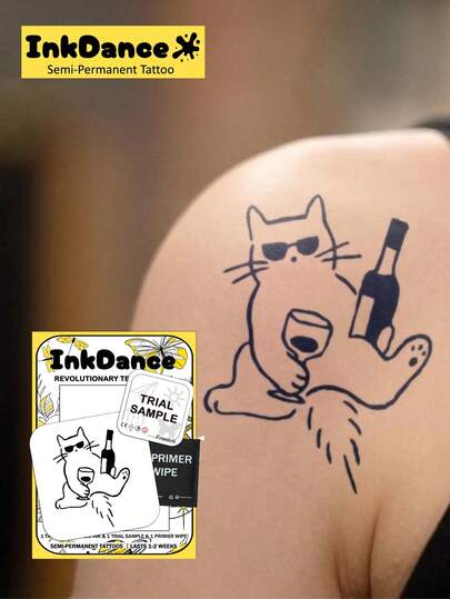 1 Kit "Resting Cat" Technology Tattoos, Semi-Permanent Tattoos, Temporary Tattoos, Long Lasting, Fake Tattoos, Water-Resistant, Authentic Tattoo Look, Plant-Based MNF187