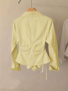 女士休闲通勤条纹裹身衬衫（春季款） - 黃色 - 查看 2