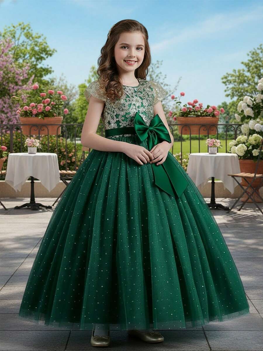 Girls Sequin Embroidered Bodice Tulle Ball Gown Dress With Glitter Skirt Short Sleeves And Big Bow Back Princess Flower Girl Dress For Wedding Birthday Pageant Formal Occasion - 墨綠色 - 查看 1