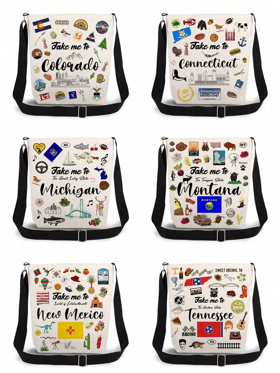 Take Me To Themed Graphic Crossbody Bag, Unisex Reusable Shoulder Messenger Bag, Casual Versatile Courier Bag With Colorado, Connecticut, Michigan, Montana, New Mexico, Tennessee State Prints, Convenient Travel Themed Gift For US State Enthusiasts - Multicolor - View 1