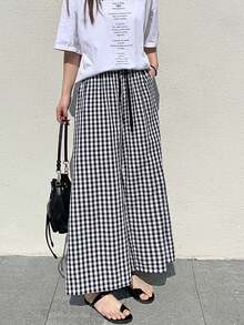 2025新款黑白格子高腰宽松抽绳阔腿裤，女款，春夏款 - 黑與白 - 查看 4