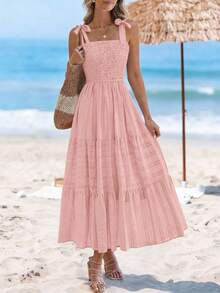Women Summer Sleeveless Tie Shoulder Strap Smocked High Waist A-Line Long Maxi Dress Boho Beach Holiday Vacation Valentine Sundress With Pockets - 粉色 - 查看 6