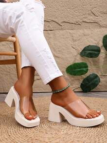 大码女士纯色高跟凉鞋，厚底高跟鞋 - 米色 - 查看 2