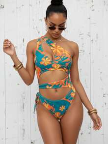 Đồ bơi một mảnh mùa hè màu trơn, thiết kế hở một bên vai gợi cảm, kỳ nghỉ ở bãi biển - Hồ xanh + cam - Xem 5