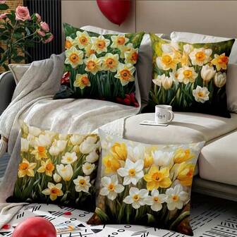 4ชิ้น ปลอกหมอนอิงลายดอกทิวลิป, ปลอกหมอนอิงโพลีเอสเตอร์นุ่มสบาย, 45x45ซม. (17.72x17.72นิ้ว), มีซิป, เหมาะสำหรับตกแต่งบ้าน, ห้องนั่งเล่น, ห้องนอน, ระเบียง, สวน, รถยนต์, สำนักงาน, คาเฟ่, ร้านชานมไข่มุก, กลางแจ้ง และอื่นๆ (เฉพาะปลอกหมอนอิง - ไม่รวมไส้ใน)