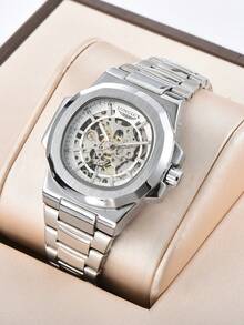 LONGLUX 1 件男士镂空自动机械表，带蝴蝶扣钢带，商务风格 - 銀色 - 查看 6