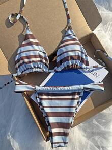 Bộ bikini 2 mảnh phối màu retro xanh dương và nâu kẻ sọc xếp nếp, trang phục đi biển thời trang, phù hợp cho tập thể dục hàng ngày, hẹn hò, kỳ nghỉ, tiệc tùng dành cho nữ. - Nhiều màu - Xem 2