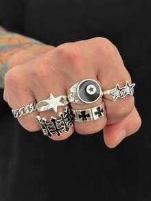 6枚朋克风星形十字戒指，男士魅力饰品，节日礼物 - 6pcs - 查看 7