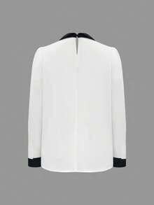 Áo sơ mi nữ công sở/thường ngày, tay dài, cổ bẻ, chất liệu vải dệt màu trơn, cài nút, thanh lịch cho công sở và mặc hàng ngày, màu trắng mùa xuân/hè/thu. - trắng - Xem 2