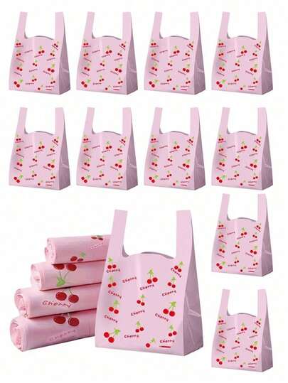 100pcs Cherry Pattern Plastic Bags, Thickened Gift Bags, Cherry Print Plastic Tote Bags, Pink T-Shirt Bags, Fashionable & Exquisite Cherry Fruit Pattern Tote Bags, Cherry Print Disposable Plastic T-Shirt Bags, Fashion Shopping Bags, Halloween Decorations, Halloween Party Supplies, Candy Bags, Gift Packaging Bags, Christmas Party Supplies, Wedding Party Supplies