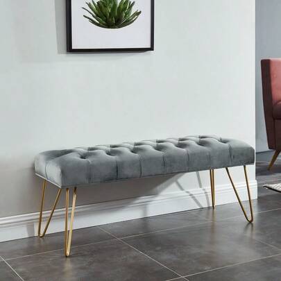 Velvet Grey Upholstery Kitchen Stool, Fabric Pull Down Bed End Stool, Multi-Functional Entrance Shoe Changing Stool, Long Bench With Metal Legs