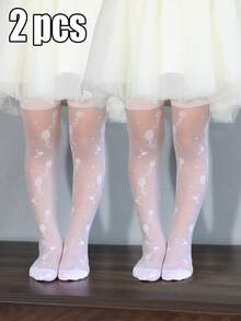2pcs Baby/Toddler Girl Floral Patterned Thin, Highly Elastic Tights, Suitable For Year-Round Wear And Outerwear - White - View 6