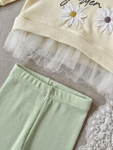 2pcs/Set Toddler Girls Flower Applique Mesh Hem Crew Neck Long Sleeve Sweatshirt + Green Pants, Spring/Autumn - Beige - View 12