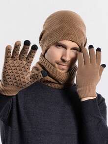 3 Peças Conjunto de Gorro de Malha, Aquecedor de Pescoço e Luvas Touch Screen para Homens no Inverno, Forro Térmico Duplo, Tecido Estampado, Adequado para Esqui, Viagem, Ciclismo, Direção, Encontros, Presente para Homens, Uso Diário - Multicolorido - Visão 2