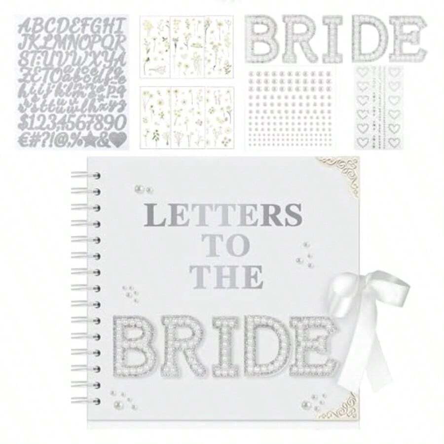 8 X 8 Inch Letters To The Bride Scrapbook Wedding Memory Book Bridal DIY Blank Paper Scrapbook Photo Album Guest Book Sign With PearlandFlower Stickers Metallic Letters Gems Bows - trắng - Xem 1