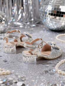 1 Pair Girls' Dreamy Crystal Chunky Heel Sandals, Round Toe Open Toe, Silver Glitter Princess Style High Heels With Bow & Rhinestone, Suitable For Parties, Gatherings, Performances - Silver - View 7