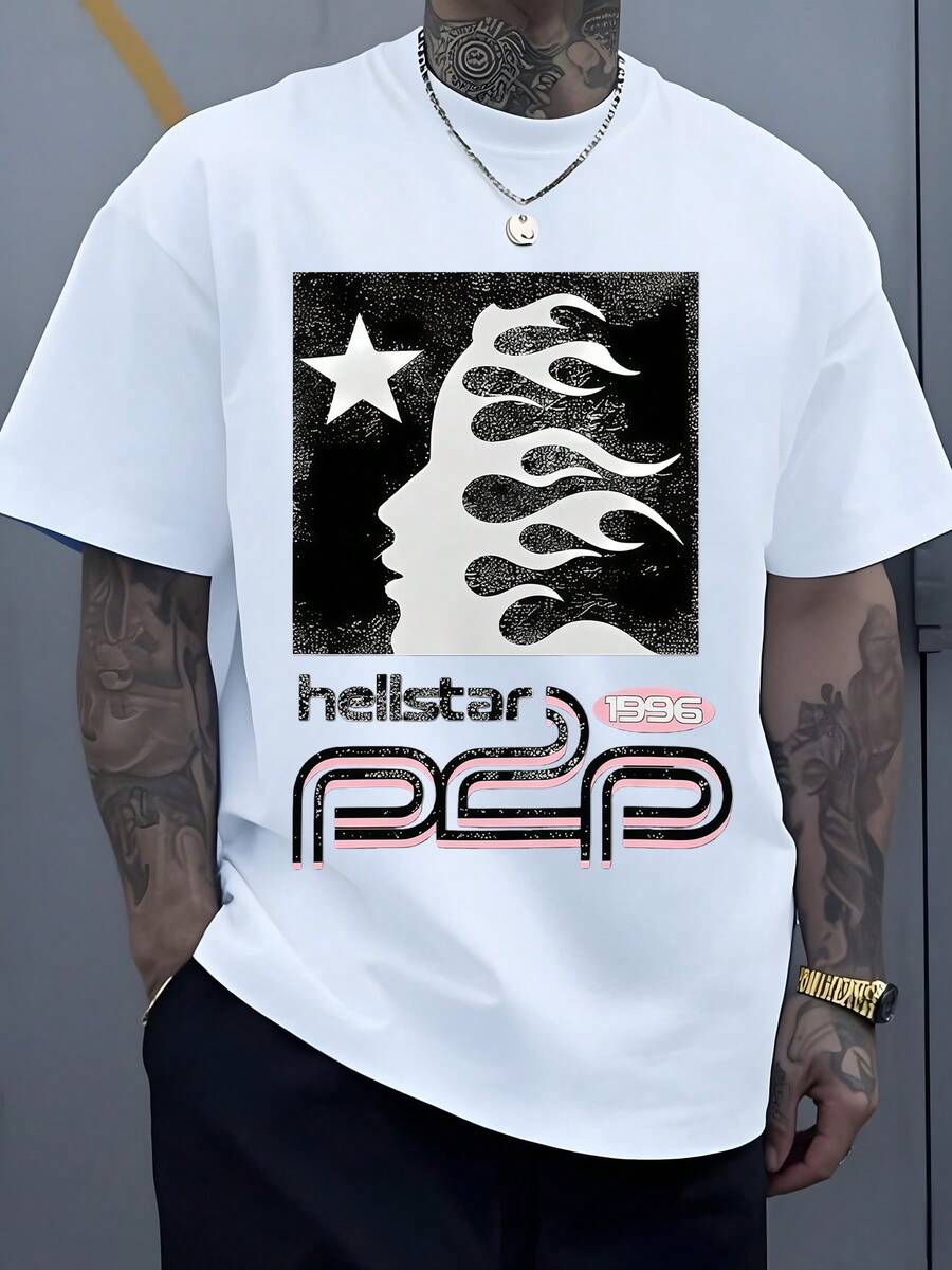 1pcs Star Flame Head Silhouette Men's 220g Graphic Streetwear Retro Futuristic 100% Cotton Y2K Swag Men Clothes Cosmic  Digital Printed T Shirt Gifts For Men - 白色 - 查看 1